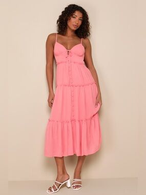 NWT Lulus Sweetest Perception Coral Pink Ruffled Button-Front Midi Dress XL Cute